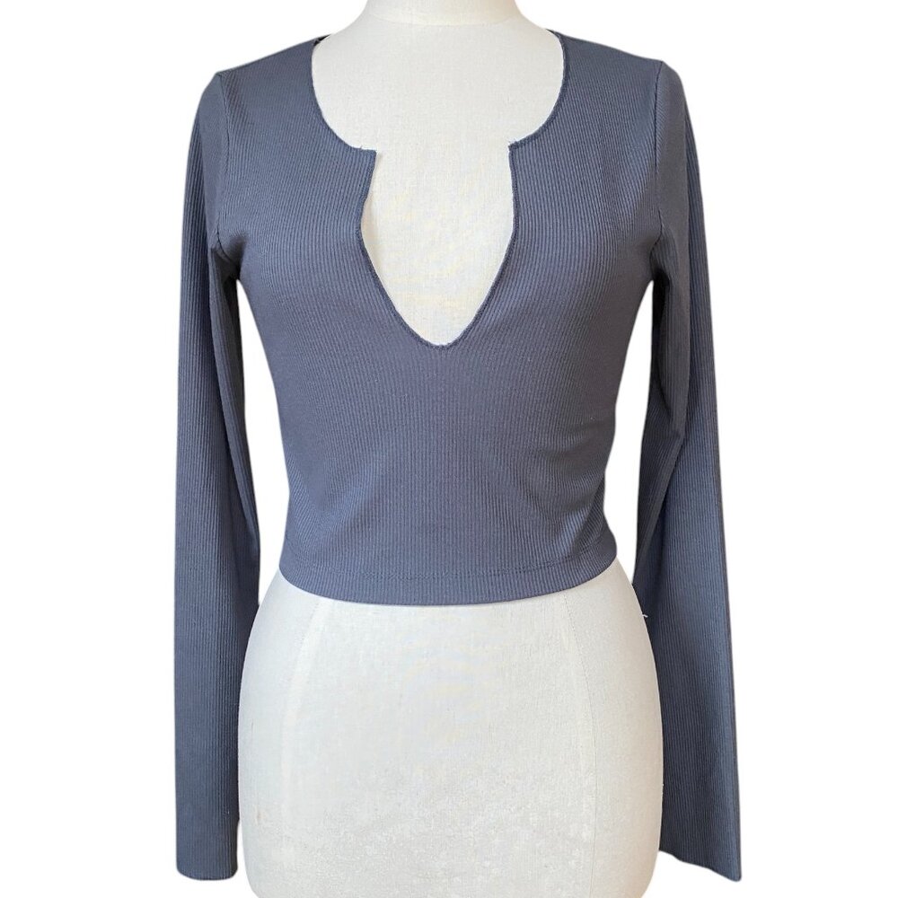 BDG Y2K Rib Knit Crop Top Gray Long Sleeve Rock-N-Roll Moto Baddie Y2K Grunge-L